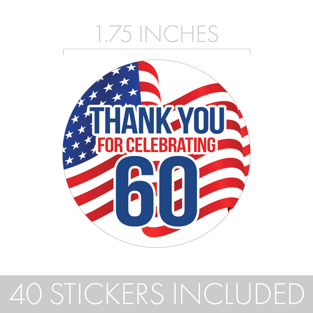 60th Birthday: Red White & Blue - Circle Label Thank You Stickers - 40 Stickers