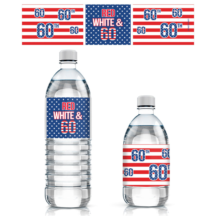 60th Birthday: Red White & Blue - Water Bottle Labels - 24 Waterproof Stickers