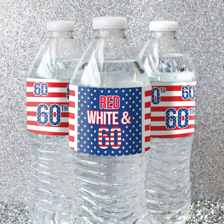 60th Birthday: Red White & Blue - Water Bottle Labels - 24 Waterproof Stickers