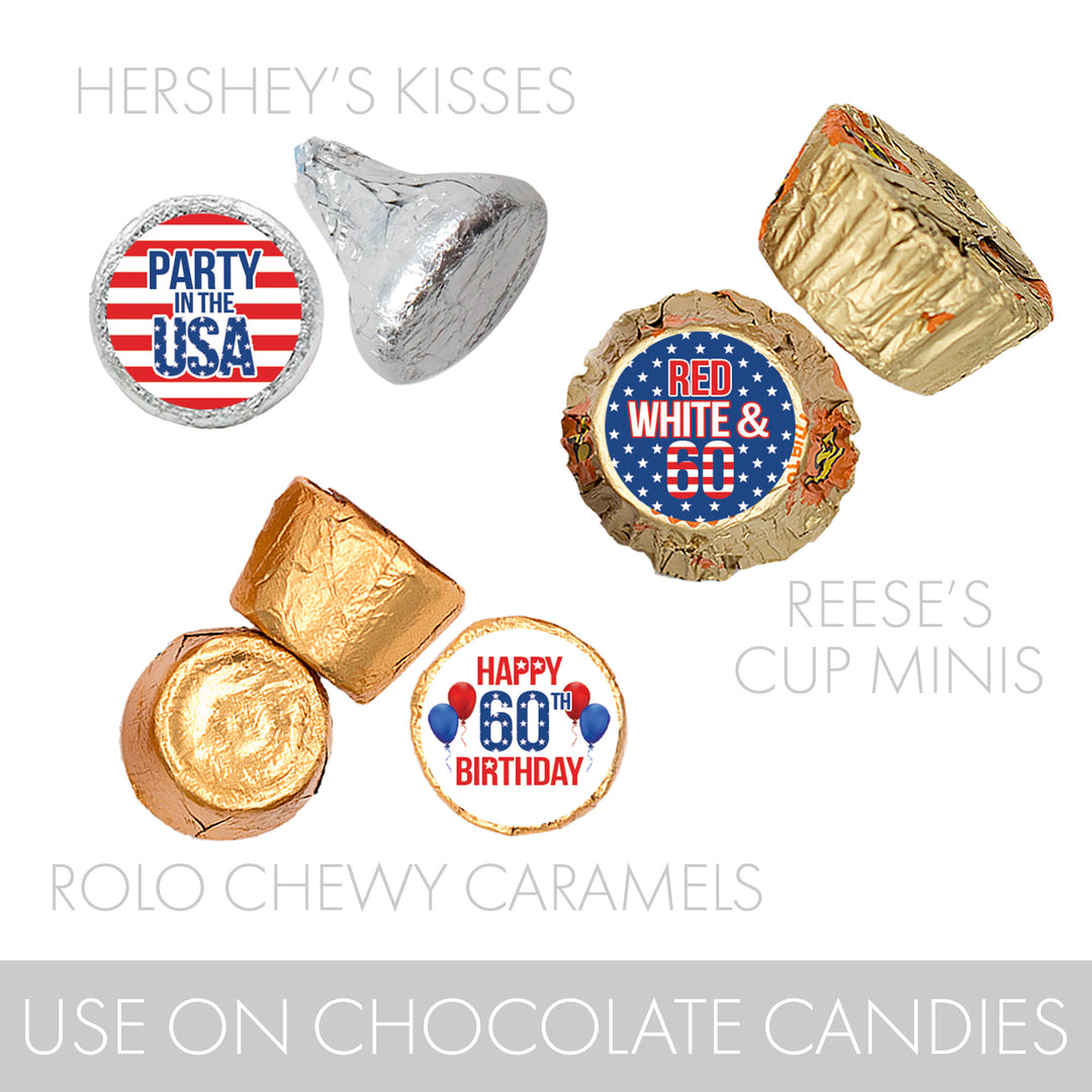 60th Birthday: Red White & Blue - Favor Stickers Fits on Hershey's Kisses - 180 Stickers