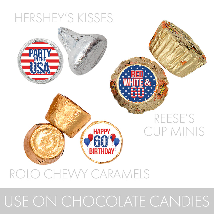 60th Birthday: Red White & Blue - Favor Stickers Fits on Hershey's Kisses - 180 Stickers