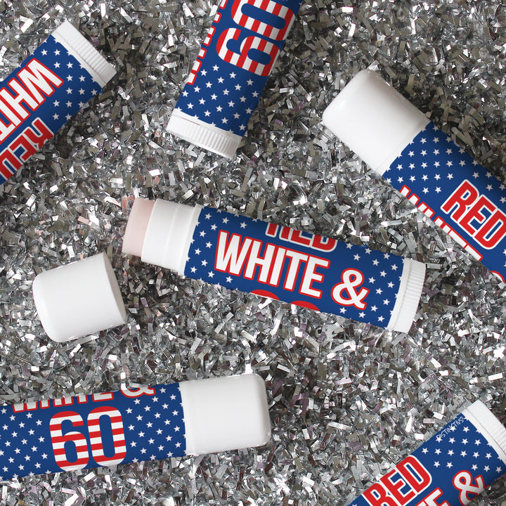 60th Birthday: Red White & Blue -  Lip Balm Labels - 36 Stickers