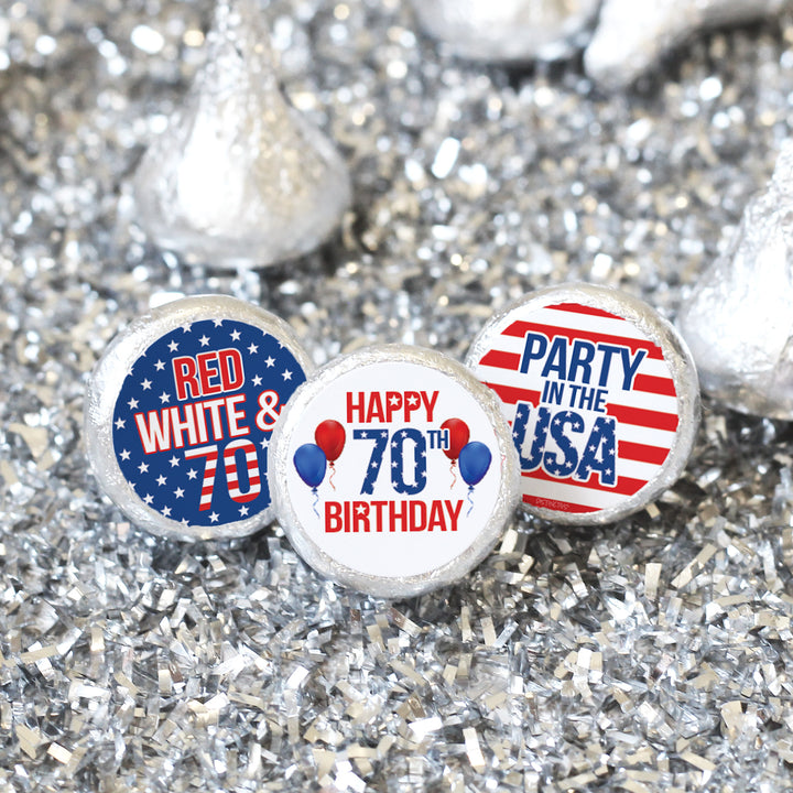 70th Birthday: Red White & Blue - Favor Stickers Fits on Hershey's Kisses - 180 Stickers