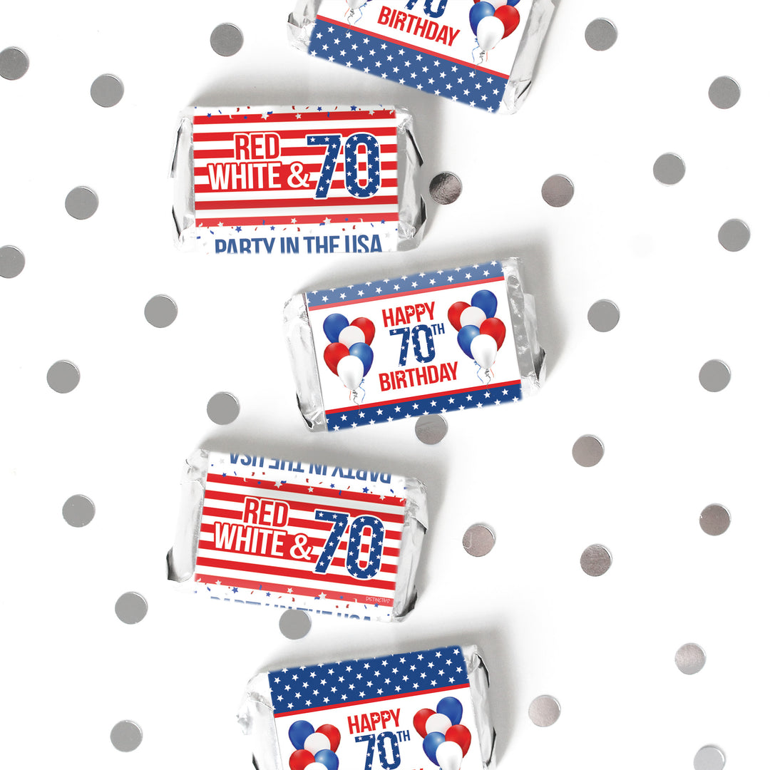 70th Birthday: Red White & Blue - Hershey's Miniatures Candy Bar Wrappers - 45 Stickers