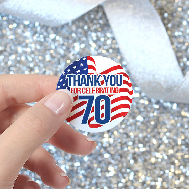 70th Birthday: Red White & Blue - Circle Label Thank You Stickers - 40 Stickers