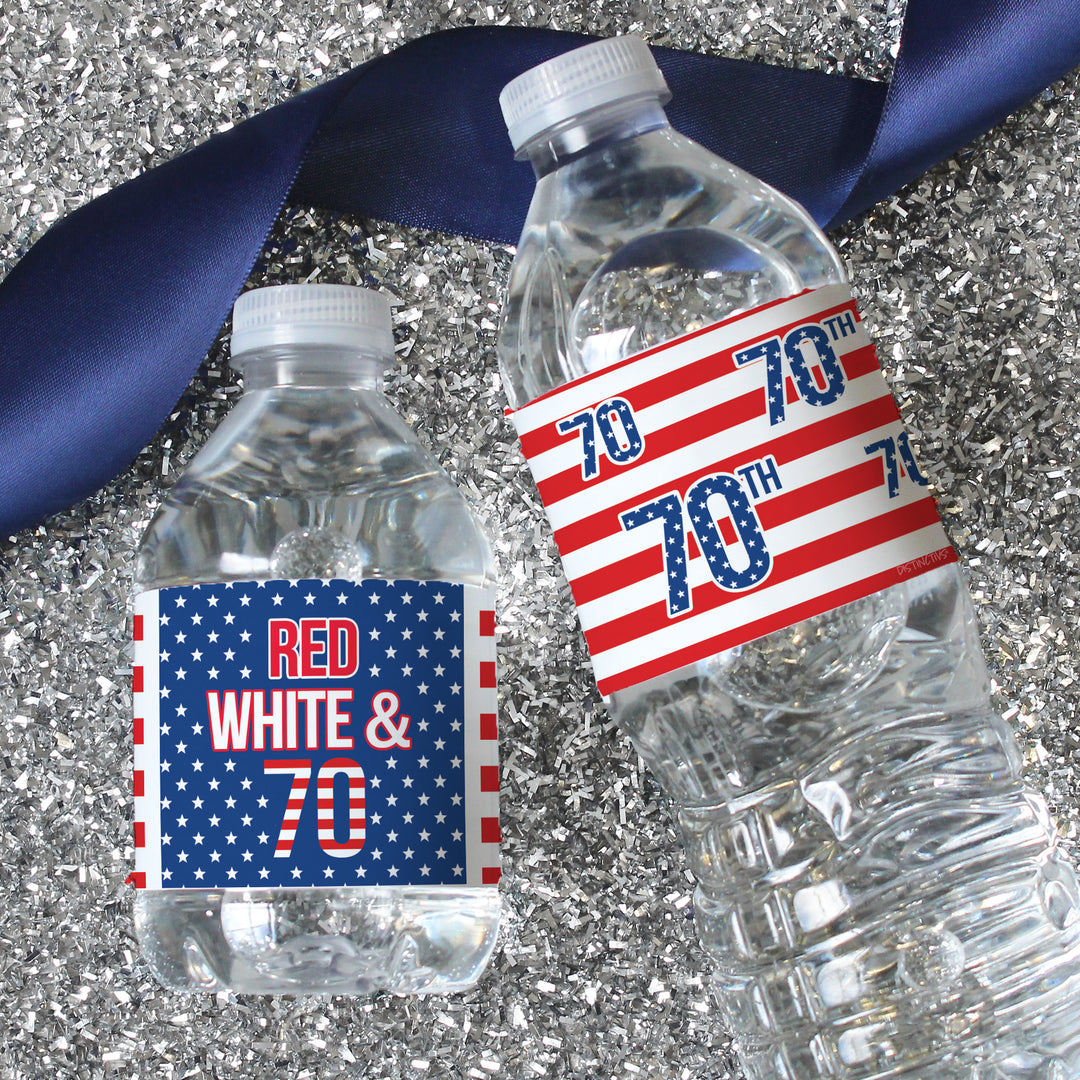 70th Birthday: Red White & Blue - Water Bottle Labels - 24 Waterproof Stickers