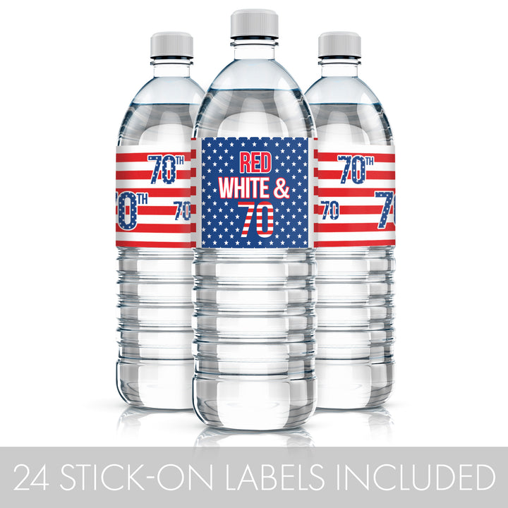 70th Birthday: Red White & Blue - Water Bottle Labels - 24 Waterproof Stickers