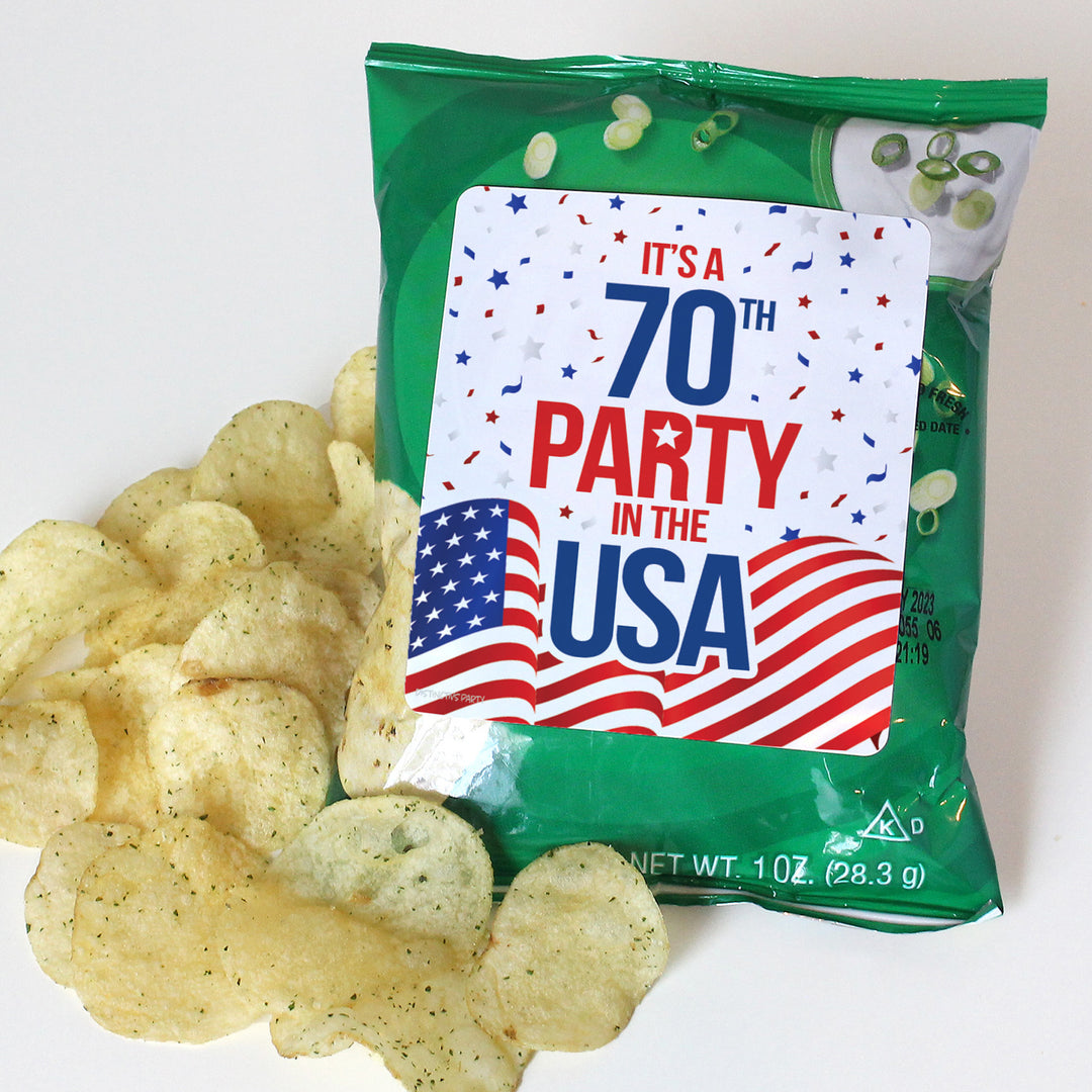 70th Birthday: Red White & Blue - Popcorn, Chip Bag, and Snack Bag Stickers - 32 Stickers