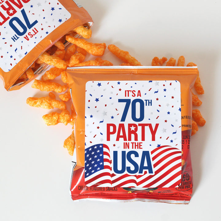 70th Birthday: Red White & Blue - Popcorn, Chip Bag, and Snack Bag Stickers - 32 Stickers