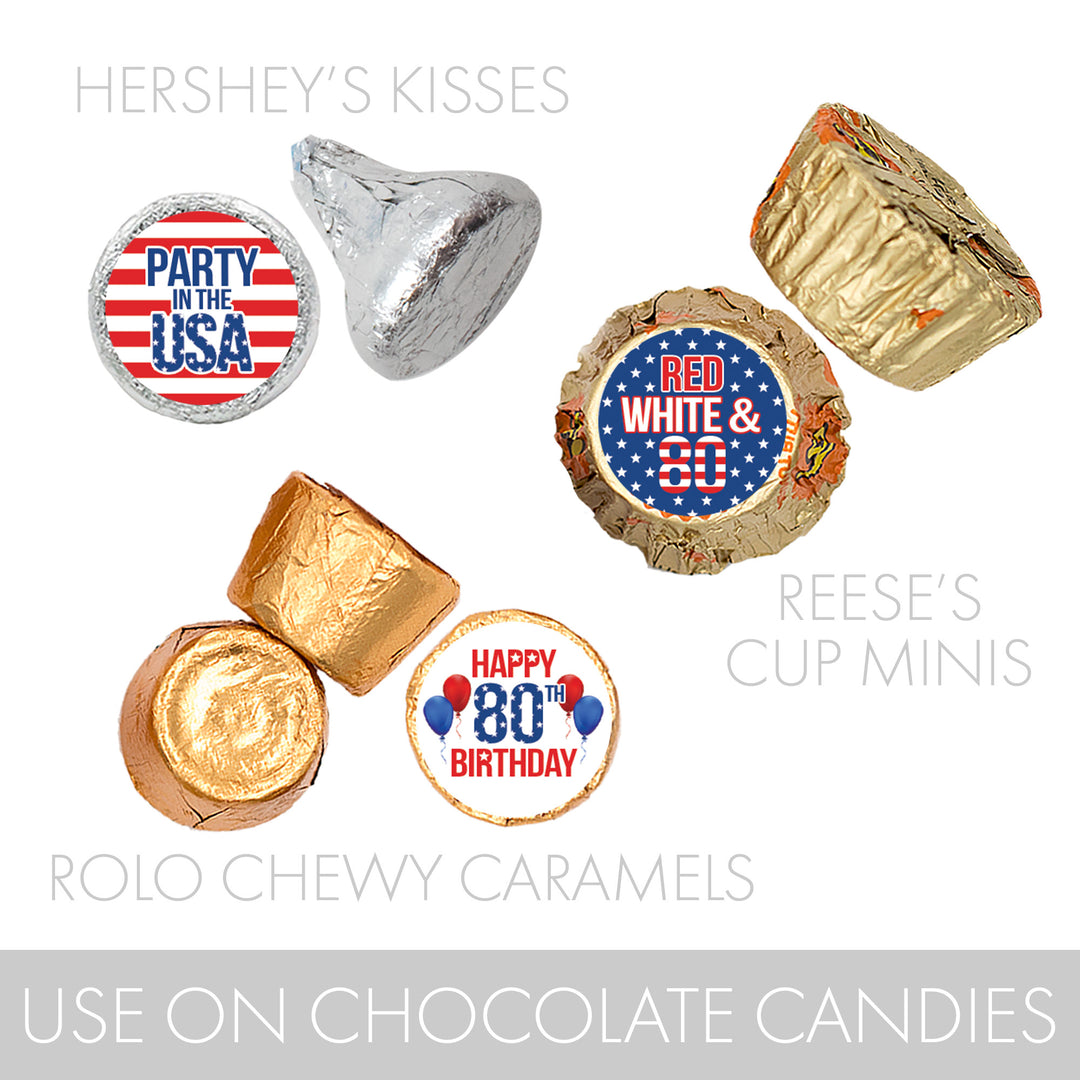 80th Birthday: Red White & Blue - Favor Stickers Fits on Hershey's Kisses - 180 Stickers