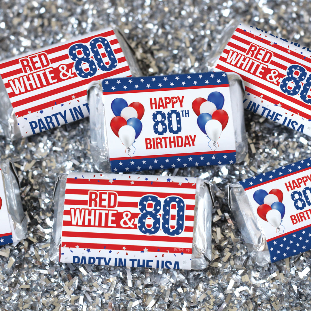80th Birthday: Red White & Blue - Hershey's Miniatures Candy Bar Wrappers - 45 Stickers