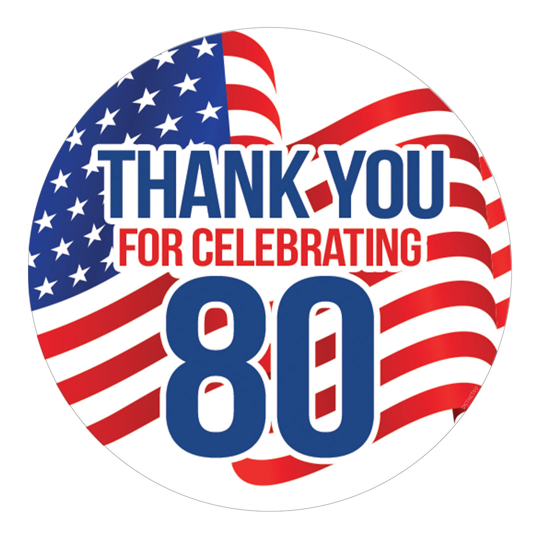 80th Birthday: Red White & Blue - Circle Label Thank You Stickers - 40 Stickers