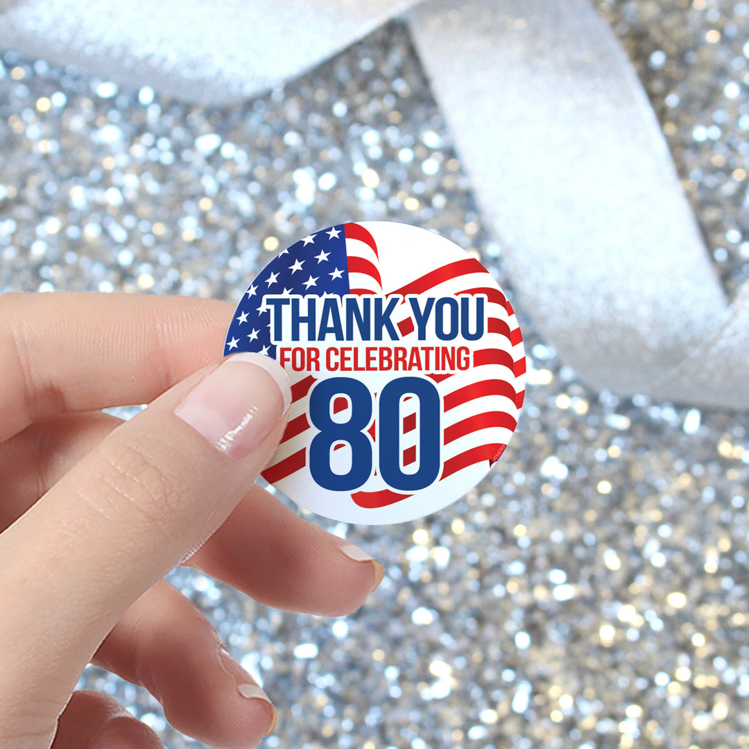 80th Birthday: Red White & Blue - Circle Label Thank You Stickers - 40 Stickers