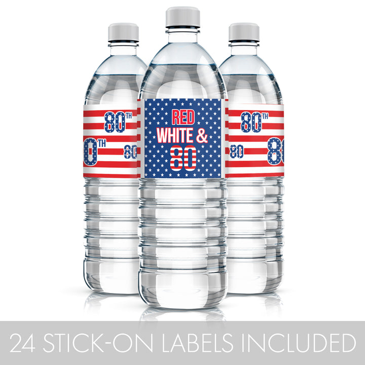 80th Birthday: Red White & Blue - Water Bottle Labels - 24 Waterproof Stickers