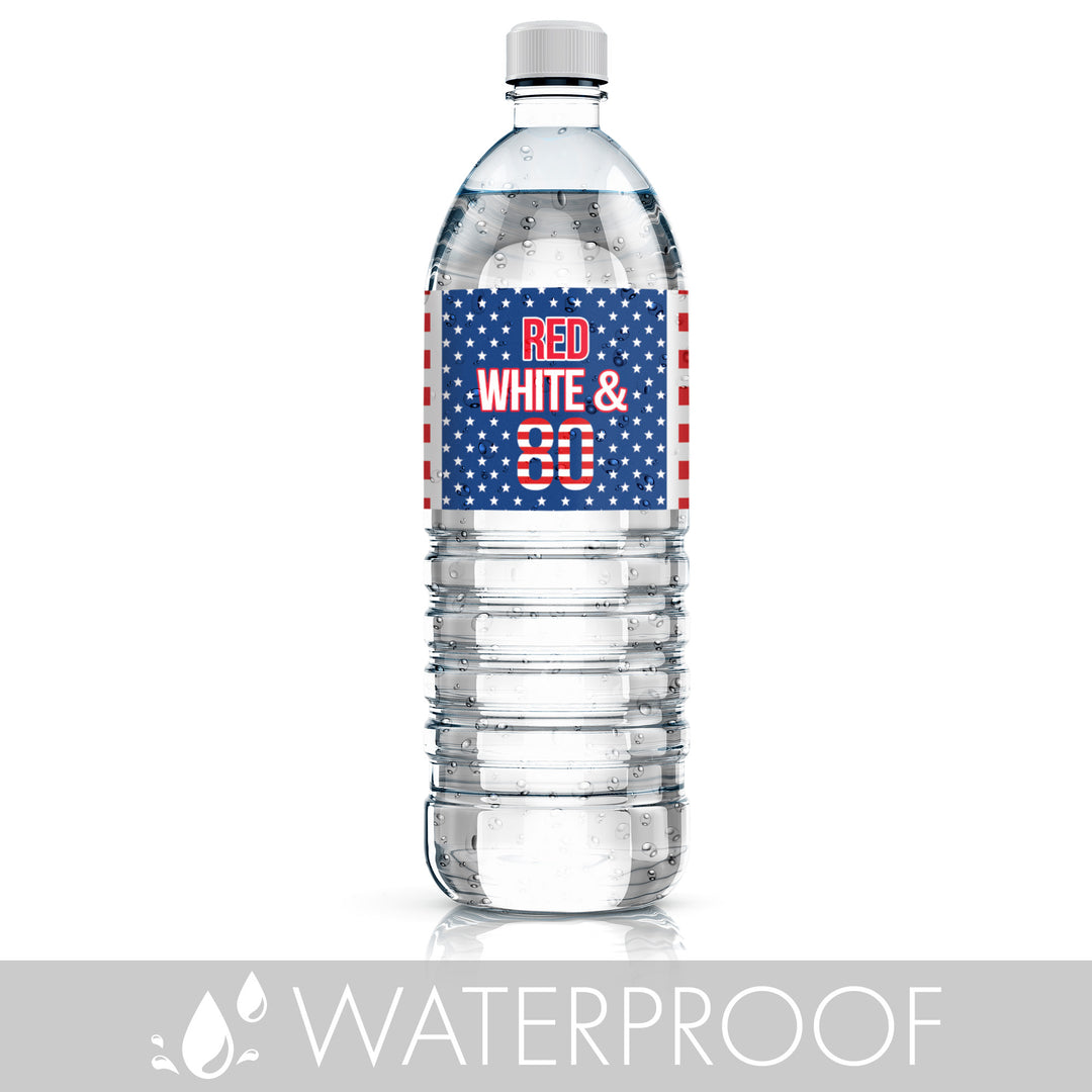 80th Birthday: Red White & Blue - Water Bottle Labels - 24 Waterproof Stickers