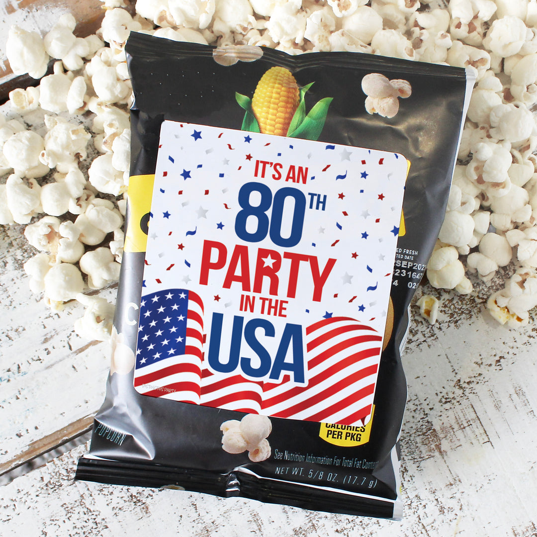 80th Birthday: Red White & Blue - Popcorn, Chip Bag, and Snack Bag Stickers - 32 Stickers