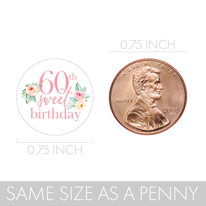 60th Birthday: Floral - Favor Stickers Fits on Hershey's Kisses - 180 Stickers