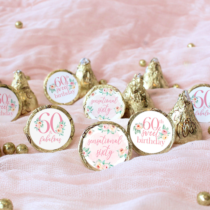 60th Birthday: Floral - Favor Stickers Fits on Hershey's Kisses - 180 Stickers