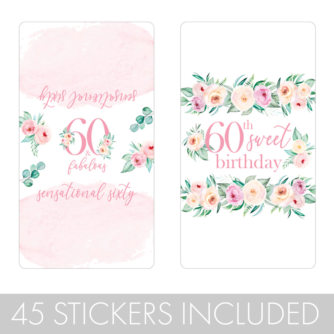 60th Birthday: Floral - Hershey's Miniatures Candy Bar Wrappers - 45 Stickers
