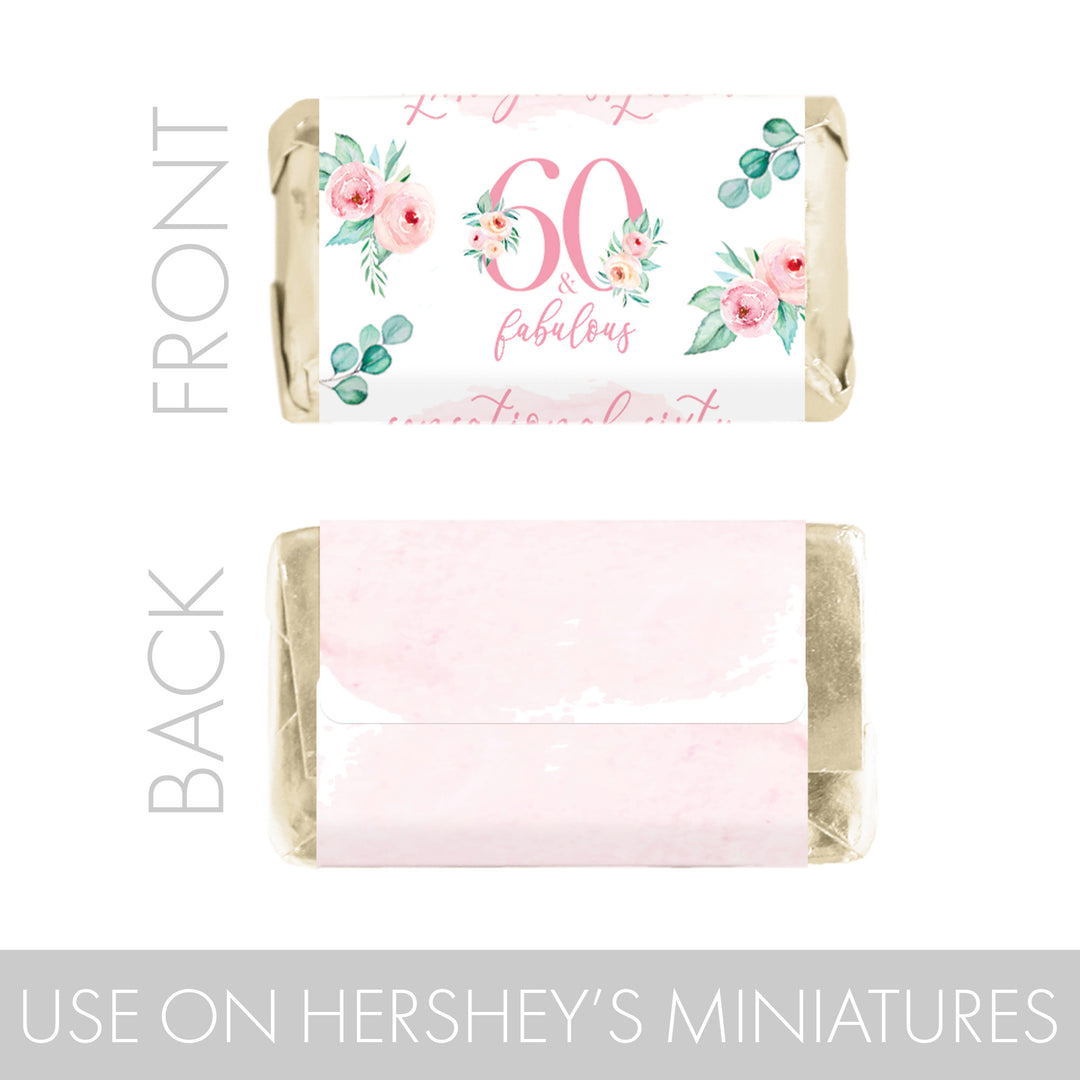 60th Birthday: Floral - Hershey's Miniatures Candy Bar Wrappers - 45 Stickers