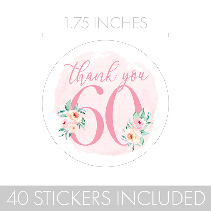 60th Birthday: Floral - Circle Label Thank You Stickers - 40 Stickers