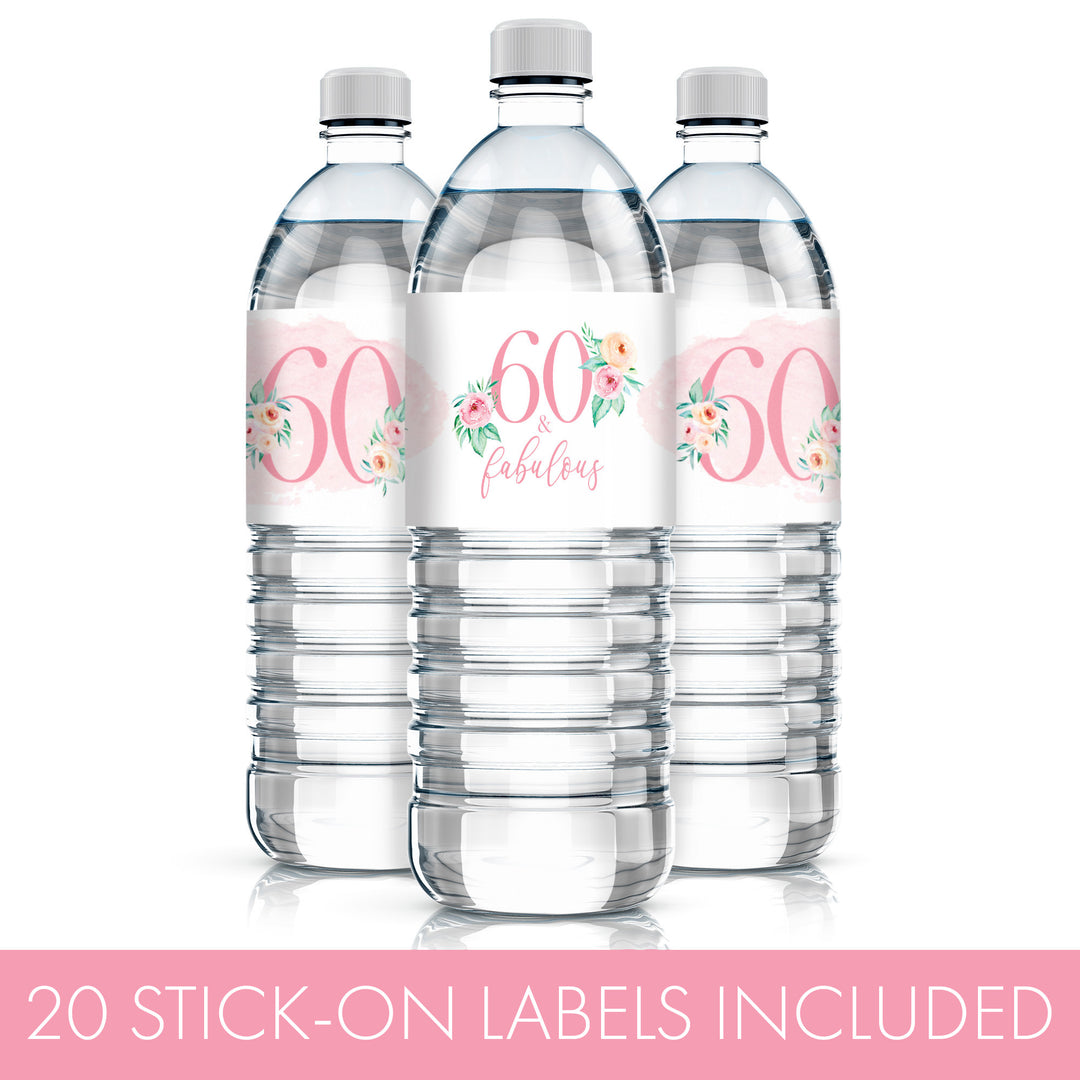 60th Birthday: Floral - Water Bottle Labels - 20 Waterproof Stickers