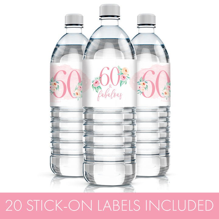 60th Birthday: Floral - Water Bottle Labels - 20 Waterproof Stickers
