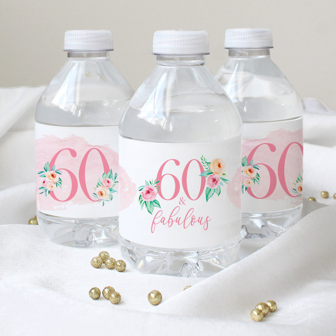 60th Birthday: Floral - Water Bottle Labels - 24 Waterproof Stickers