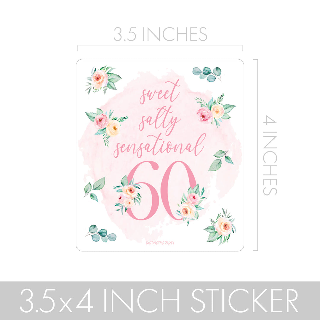 60th Birthday: Floral - Popcorn, Chip Bag, and Snack Bag Stickers - 32 Stickers
