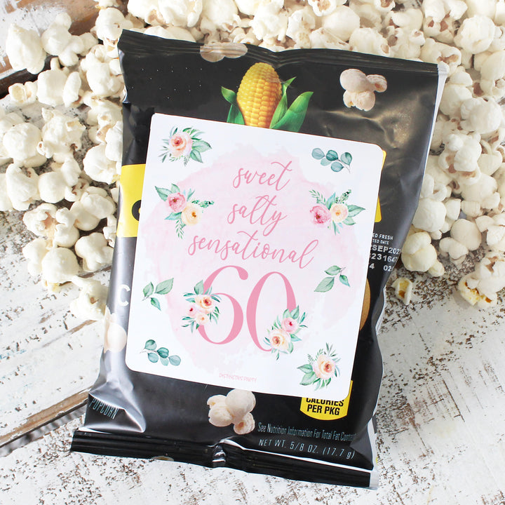 60th Birthday: Floral - Popcorn, Chip Bag, and Snack Bag Stickers - 32 Stickers