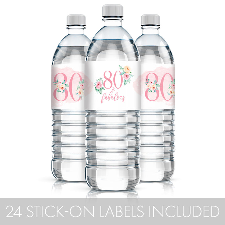 80th Birthday: Floral - Water Bottle Labels - 24 Waterproof Stickers