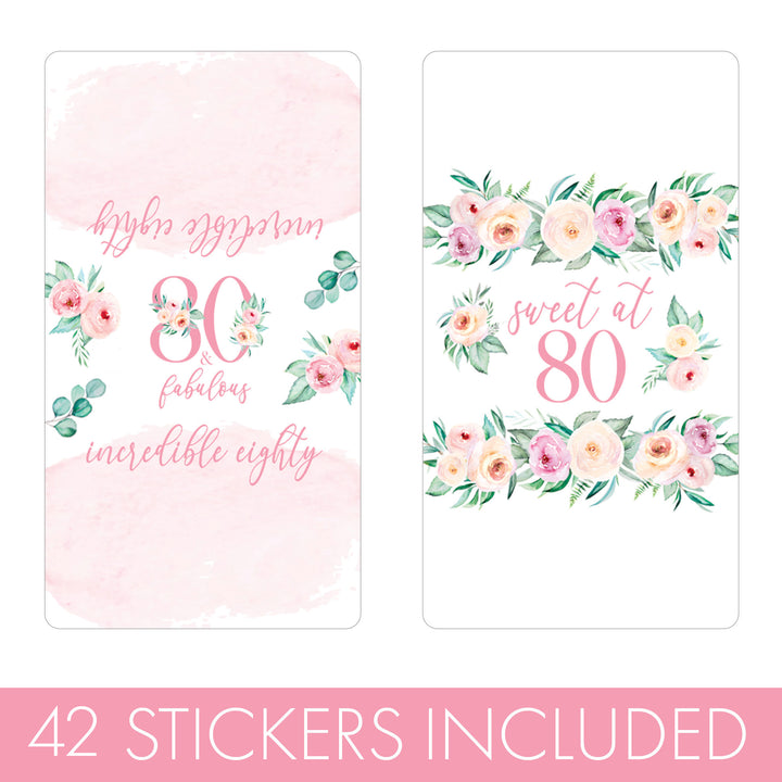 80th Birthday: Floral - Hershey's Miniatures Candy Bar Wrappers - 42 Stickers - Distinctivs Party