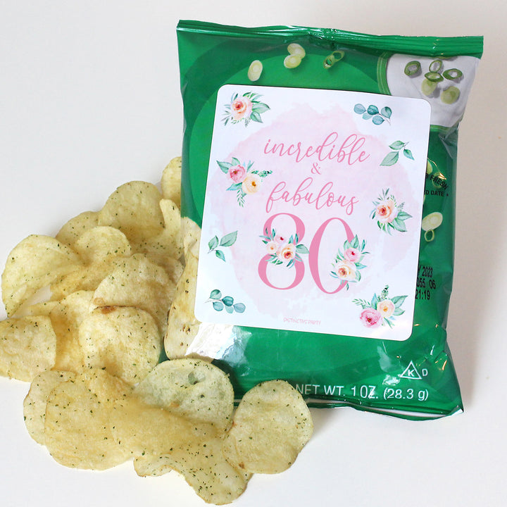 80th Birthday: Floral - Popcorn, Chip Bag, and Snack Bag Stickers - 32 Stickers