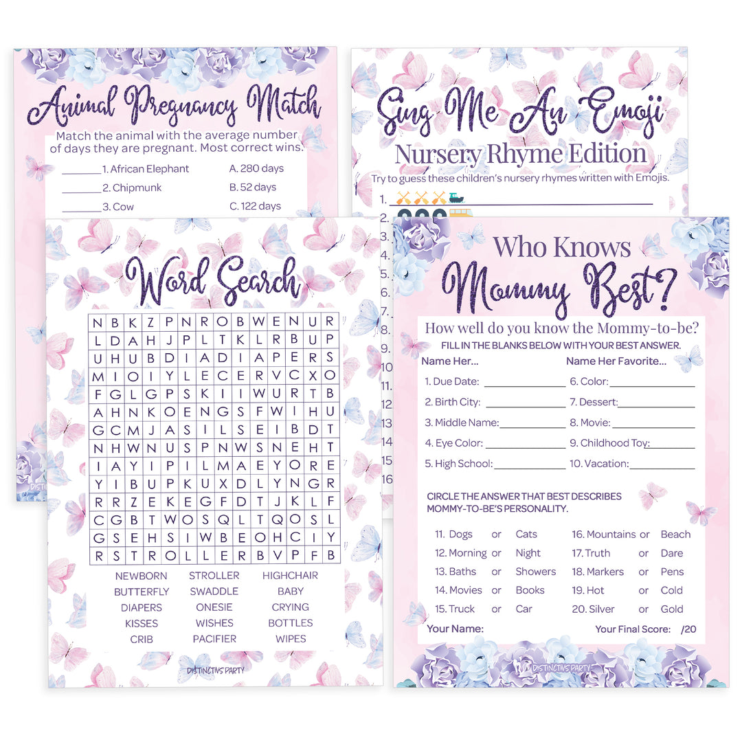 Butterfly: Baby Shower - Party Game Bundle - Emoji, Animal Match, Word Search, & Who Knows Mommy Best - 4 Games for 20 Players - 40 Dual Sided Cards