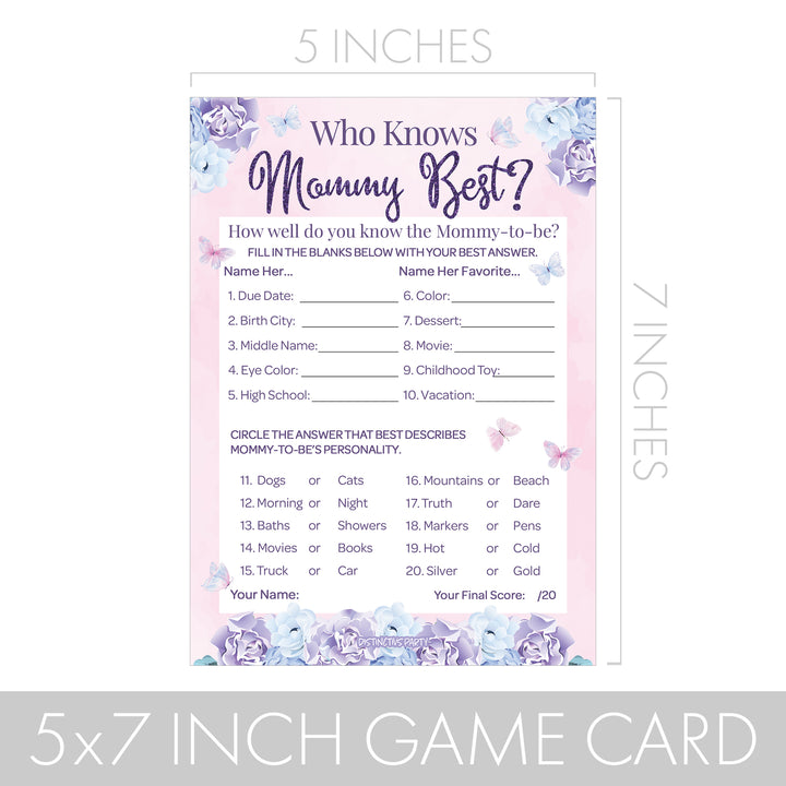 Butterfly: Baby Shower - Party Game Bundle - Emoji, Animal Match, Word Search, & Who Knows Mommy Best - 4 Games for 20 Players - 40 Dual Sided Cards