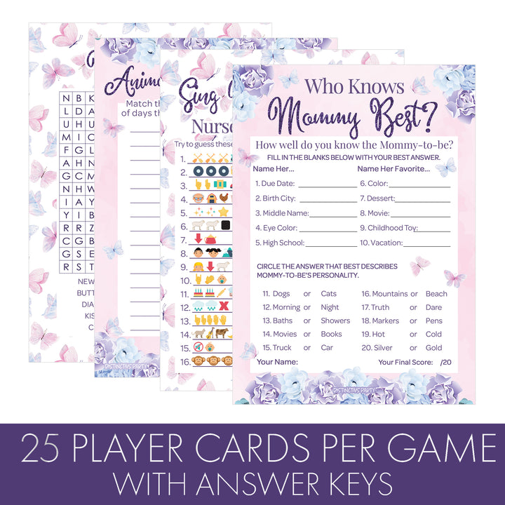 Butterfly: Baby Shower - Party Game Bundle - Emoji, Animal Match, Word Search, & Who Knows Mommy Best - 4 Games for 20 Players - 40 Dual Sided Cards