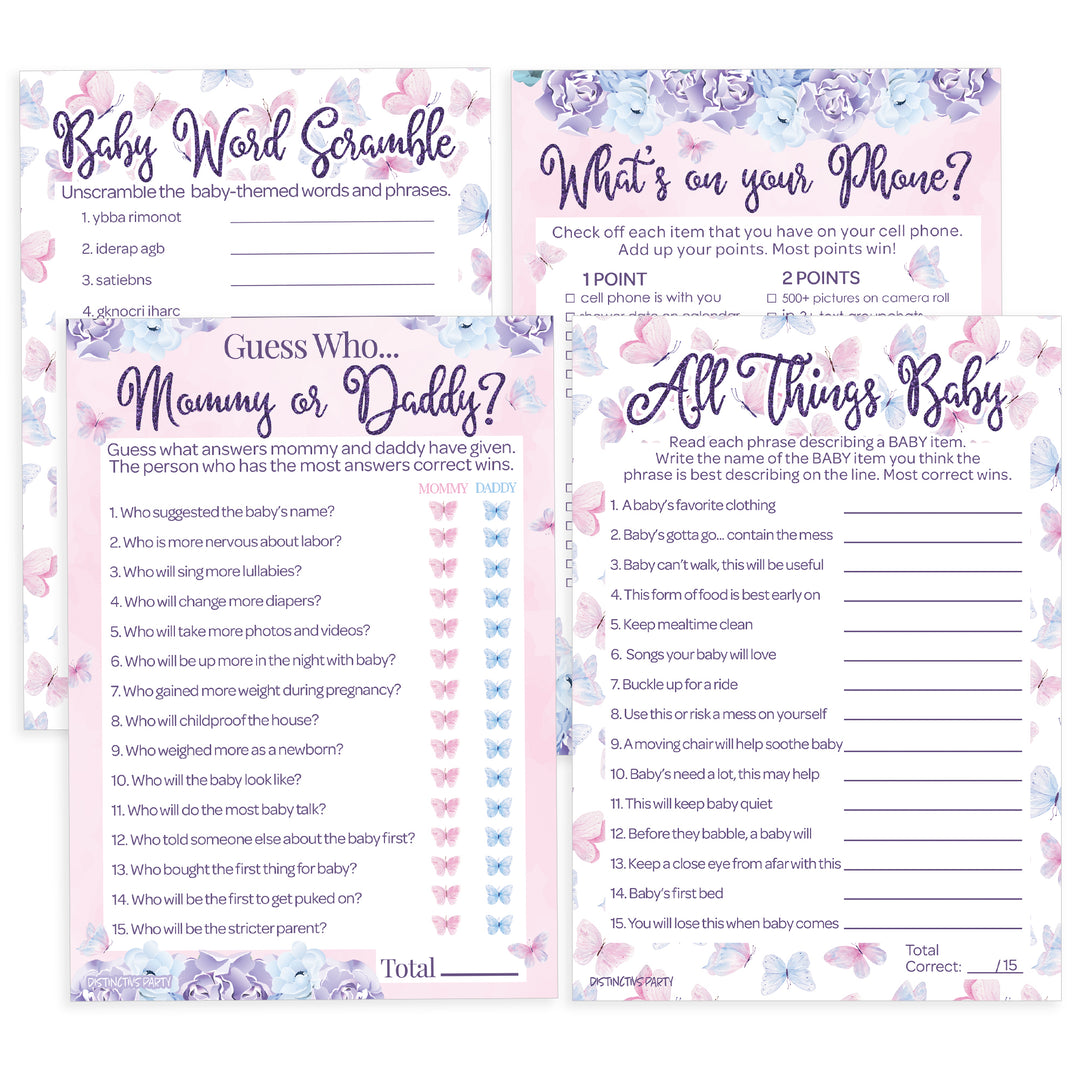 Butterfly: Baby Shower - Party Game Bundle - Guess Who: Mommy or Daddy, All Things Baby, What's On Your Phone & Word Scramble - 4 Games for 20 Players - 40 Dual Sided Cards