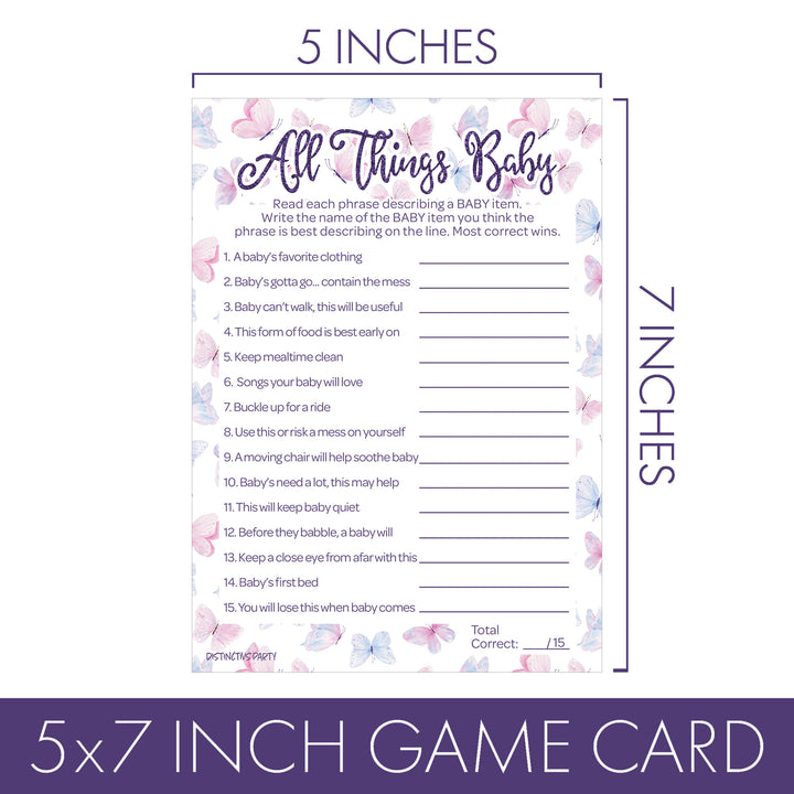 Butterfly: Baby Shower - Party Game Bundle - Guess Who: Mommy or Daddy, All Things Baby, What's On Your Phone & Word Scramble - 4 Games for 20 Players - 40 Dual Sided Cards