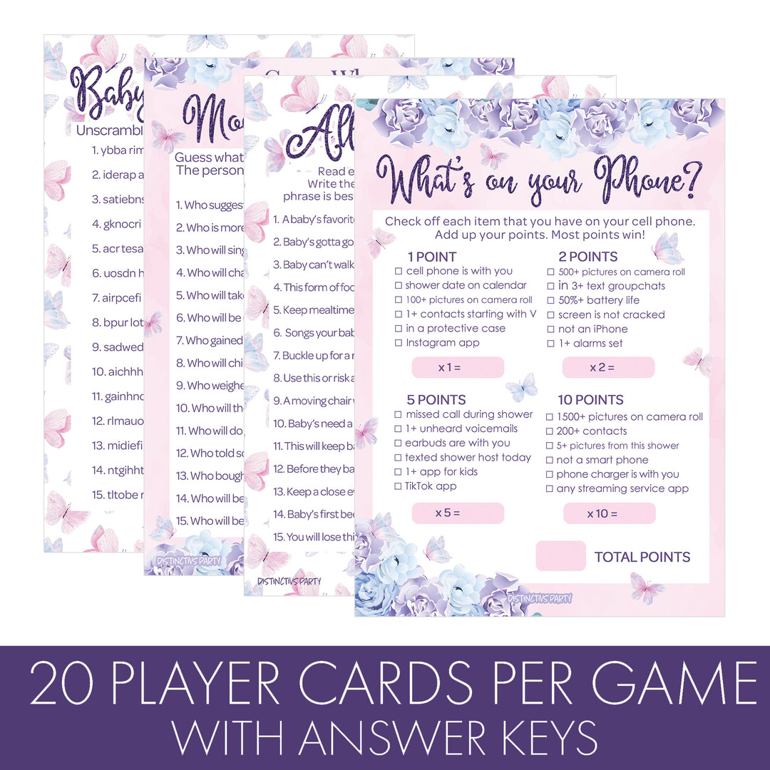 Butterfly: Baby Shower - Party Game Bundle - Guess Who: Mommy or Daddy, All Things Baby, What's On Your Phone & Word Scramble - 4 Games for 20 Players - 40 Dual Sided Cards