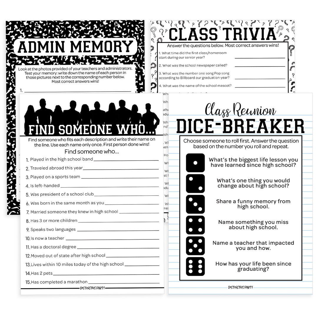 Class Reunion: Party Game Bundle - Class Trivia, Dice Breaker, Find Someone Who & Admin Memory - 4 Games for 20 Players - 40 Dual Sided Cards