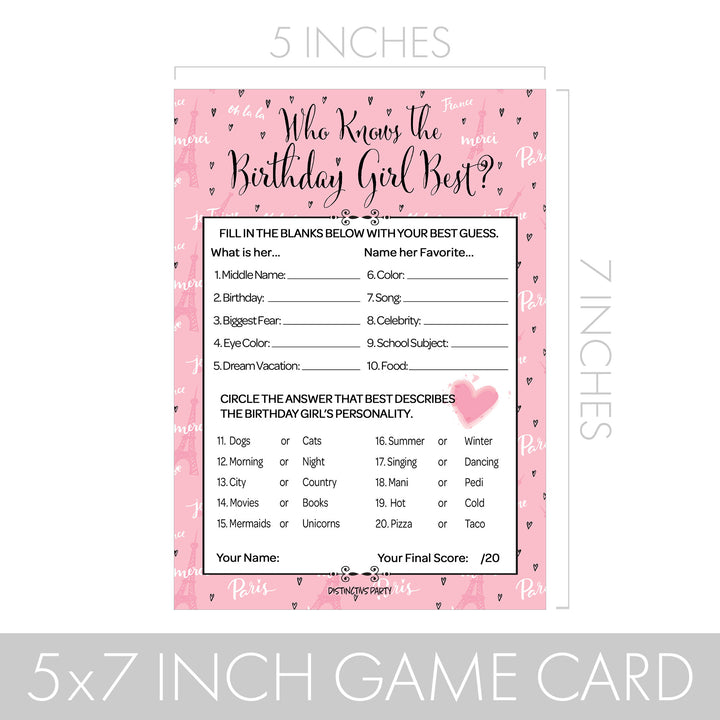 Paris in Pink: Kid's Birthday - Party Game Bundle - Most Likely To, Who Knows the Birthday Girl Best, Paris Picture Quiz & Selfie Race - 4 Game Bundle for 20 Players - 40 Dual Sided Cards