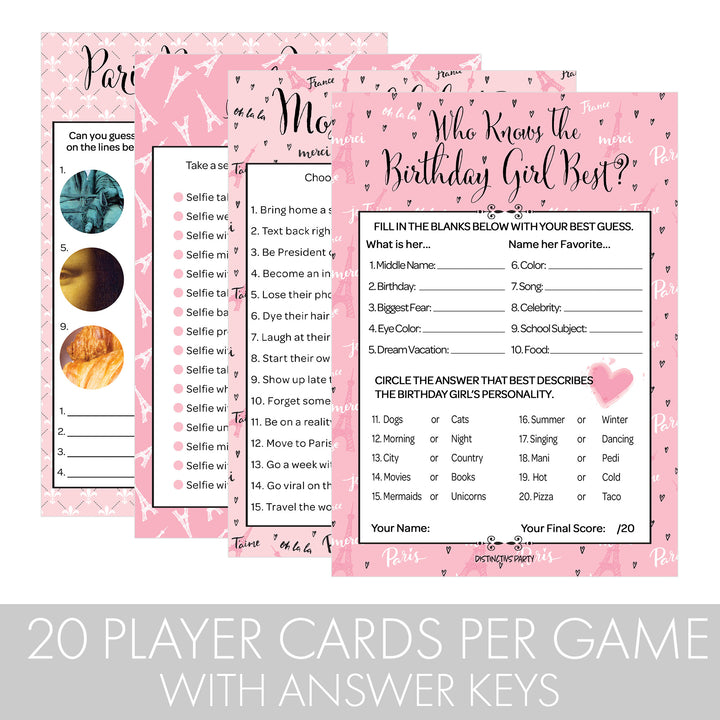Paris in Pink: Kid's Birthday - Party Game Bundle - Most Likely To, Who Knows the Birthday Girl Best, Paris Picture Quiz & Selfie Race - 4 Game Bundle for 20 Players - 40 Dual Sided Cards