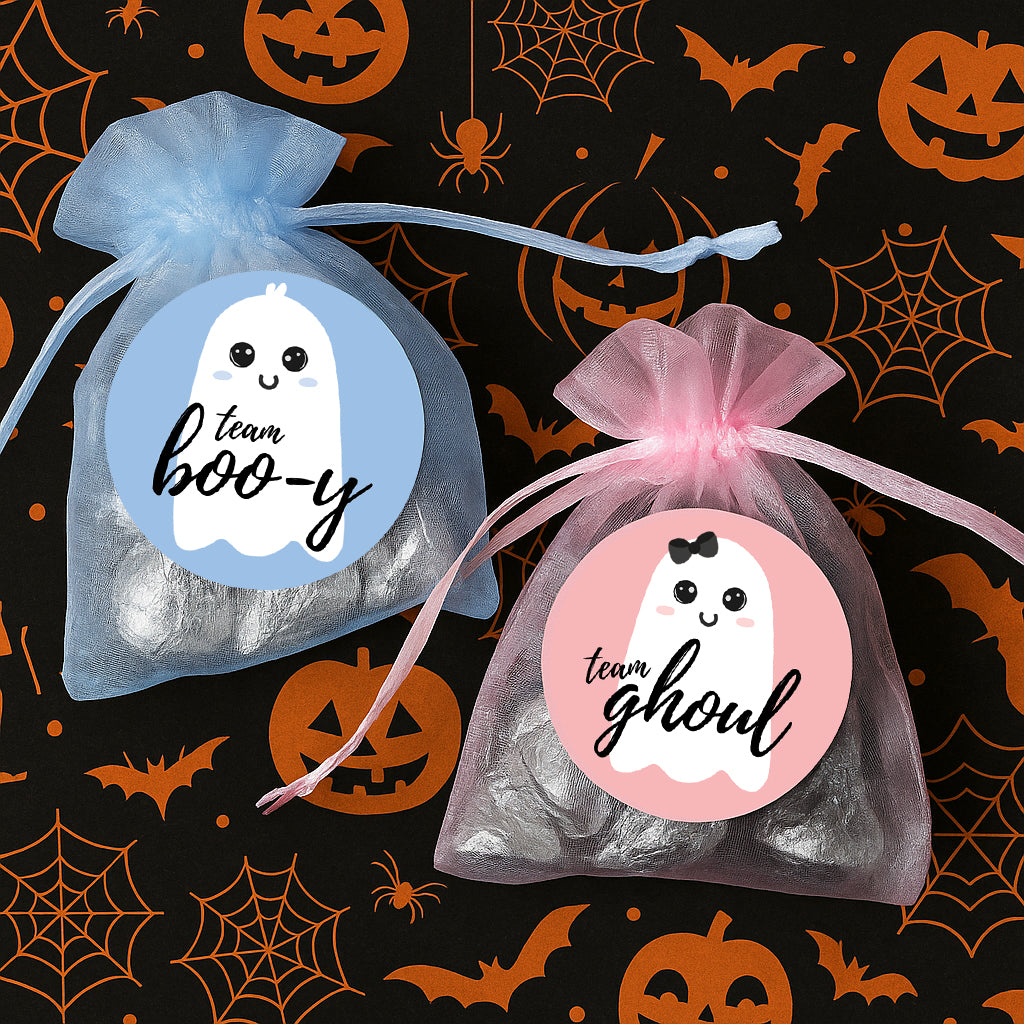 Halloween Baby Gender Reveal Party: Little Boo - Fall Blue Team Boo-y or Pink Team Ghoul Voting Stickers - 40 Stickers