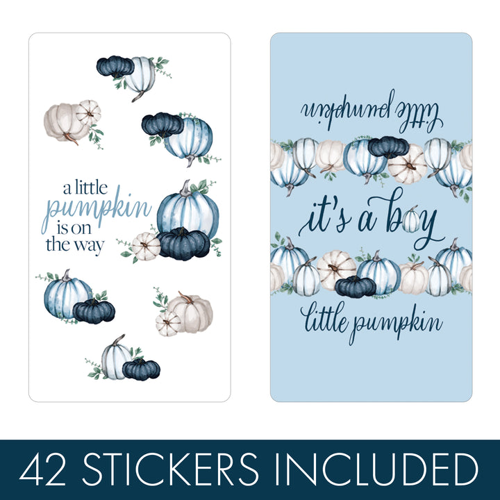 Little Pumpkin: Blue - Boy Baby Shower-Hershey's Miniatures Candy Bar Wrappers Stickers - 42 Stickers