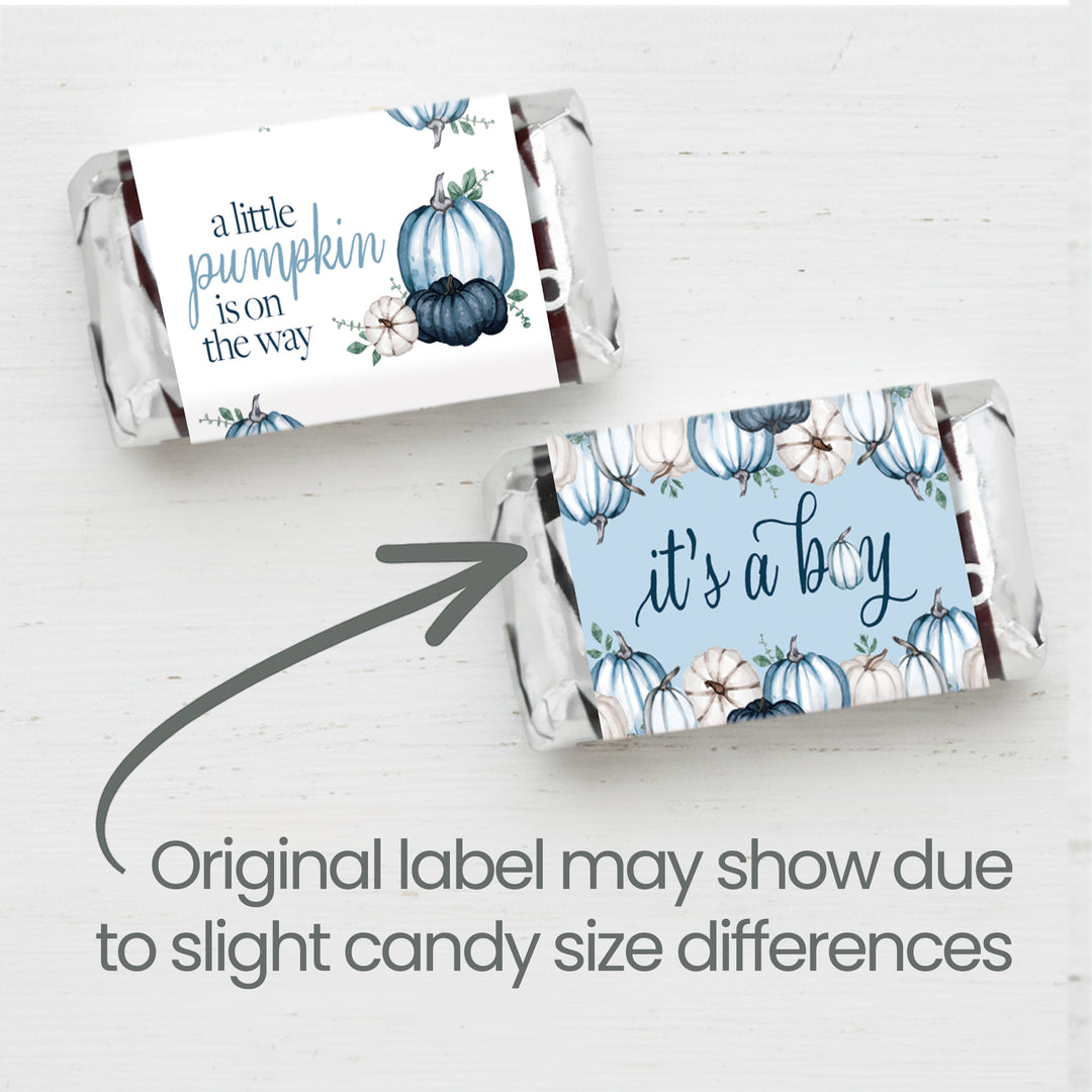 Little Pumpkin: Blue - Boy Baby Shower-Hershey's Miniatures Candy Bar Wrappers Stickers - 42 Stickers