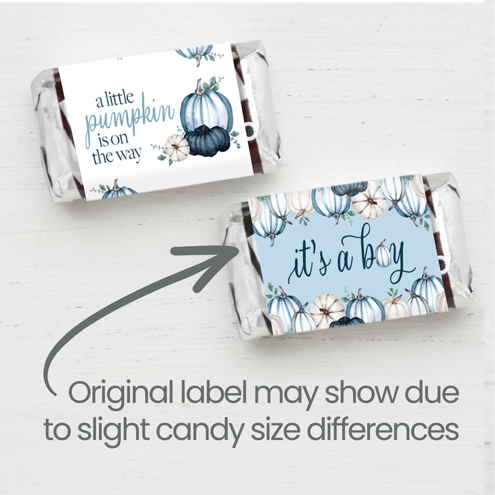 Little Pumpkin: Blue - Boy Baby Shower-Hershey's Miniatures Candy Bar Wrappers Stickers - 42 Stickers