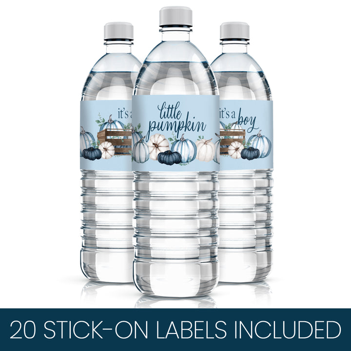 Little Pumpkin: Blue - Boy Baby Shower- Water Bottle Label Stickers - 20 Waterproof Stickers - Distinctivs Party
