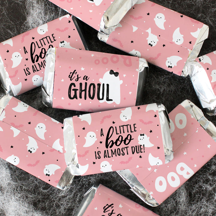 Little Boo: Pink - Girl Baby Shower - Hershey's Miniatures Candy Bar Wrappers Stickers - 45 Stickers