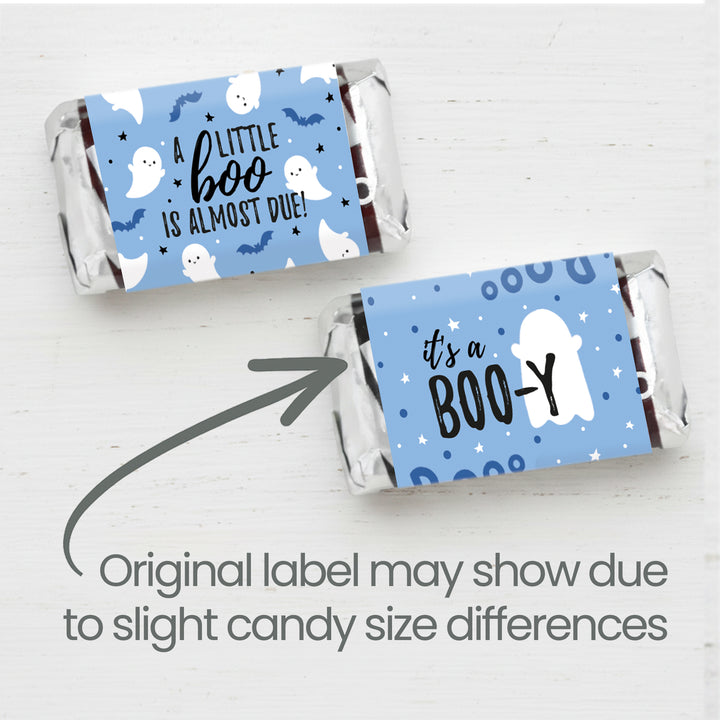 Little Boo: Blue - Boy Baby Shower - Fall Hershey's Miniatures Candy Bar Wrappers Stickers - 42 Stickers