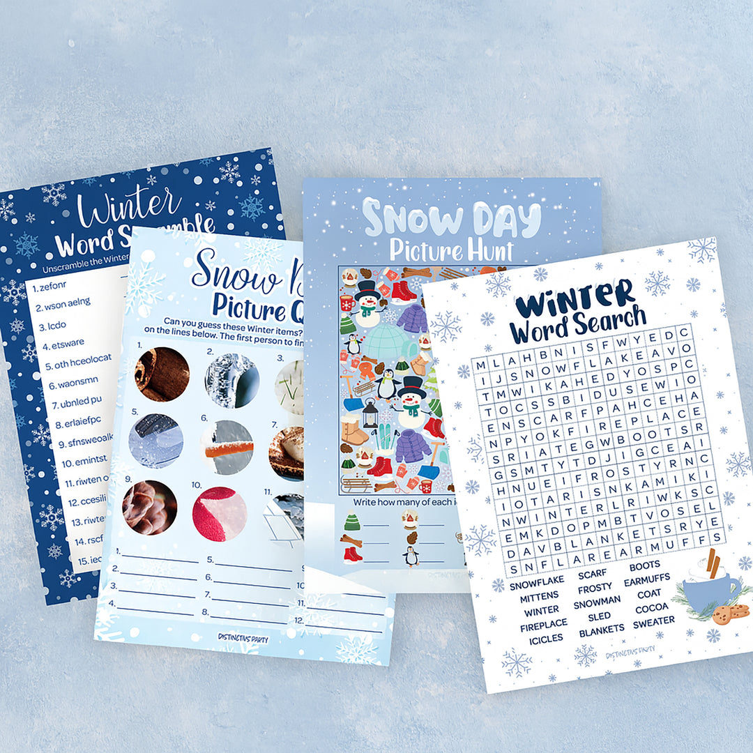 Winter Game: Blue Snowflakes - Winter Word Search, Picture Hunt , Word Scramble and Picture Quiz- 4 Game Bundle for 25 Kids